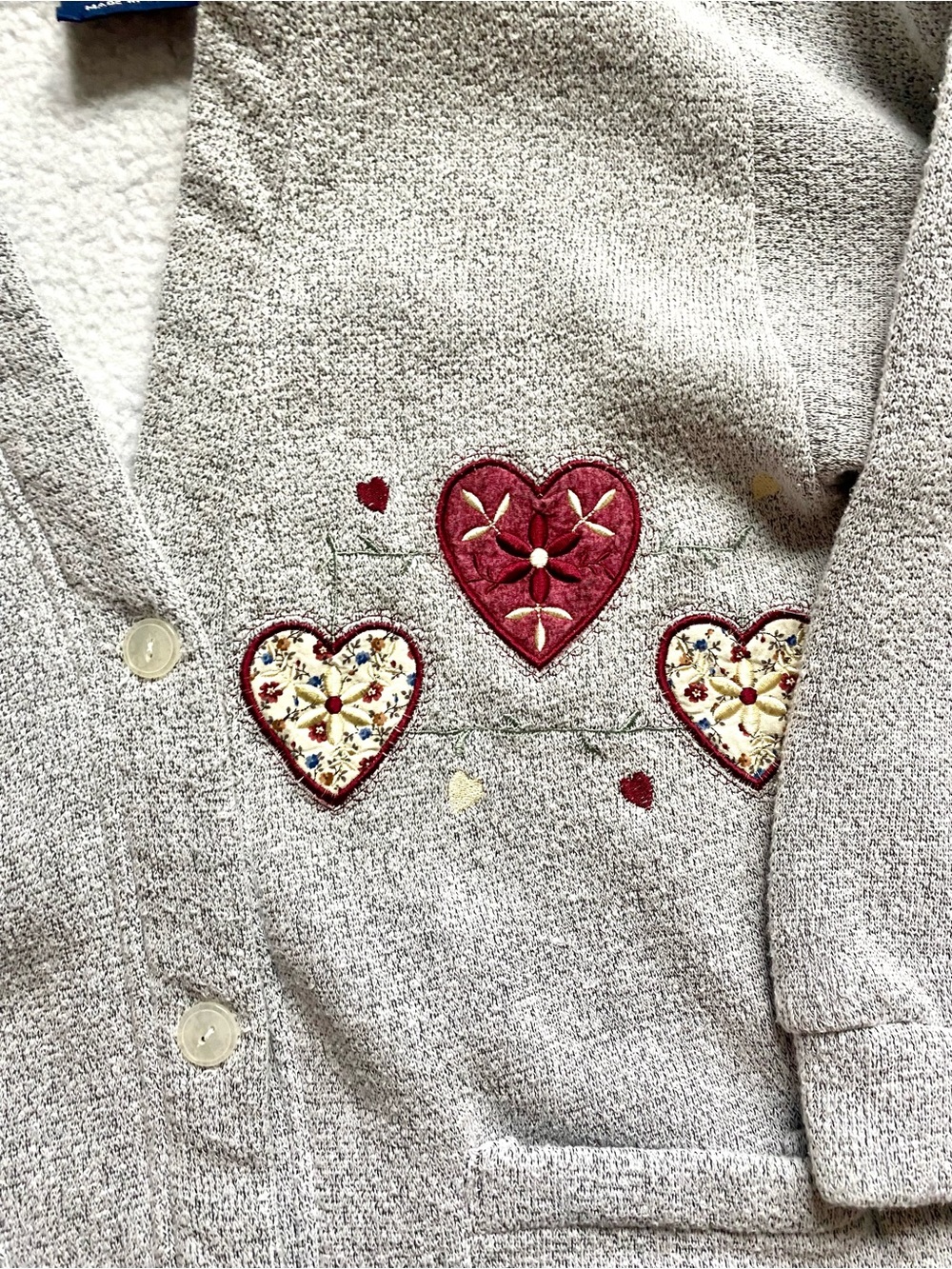 Vintage 90s ACES fleece cardigan sweatshirt embroidered hearts cottage granny M - Picture 6 of 12